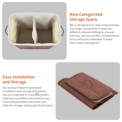 GarveeHome Folding Bamboo Laundry Hamper with Lid, 28 Gal /106L Wooden Laundry Basket with Washable Liner Bag, Slim Clothes Storage Hamper for Small Bedrooms Apartments Dorms, Brown - color: Brown - Rectangle
