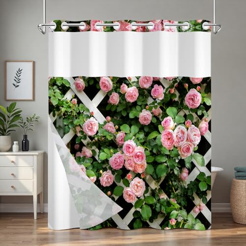 No Hook Floral Shower Curtain with Liner, Washable Cloth Fence Pink Roses Shower Curtain with Mesh Top Window and Weighted Bottom, Waterproof Fabric Summer Shower Curtains for Bathroom, 71"W x 74"L - color: Fence Rose