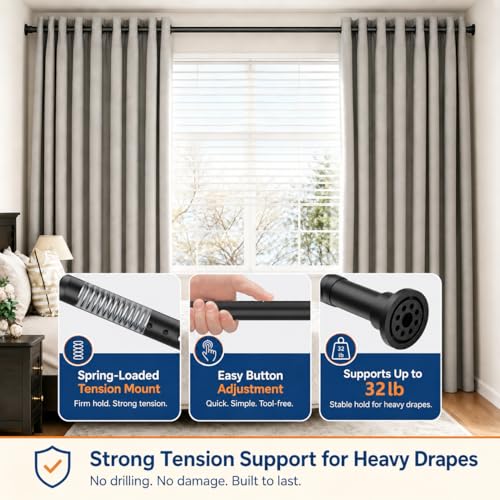 ALLZONE Tension Curtain Rod for Windows, 123 to 160 Inch, Heavy Duty Extra Long Curtain Rods, Non-Slip Bathroom Shower Tension Rod, Renter Friendly, Adjustable, Spring Loaded, Black - color: Black, size: 123-160 Inches