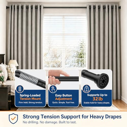 ALLZONE Tension Curtain Rod for Windows, 123 to 160 Inch, Heavy Duty Extra Long Curtain Rods, Non-Slip Bathroom Shower Tension Rod, Renter Friendly, Adjustable, Spring Loaded, Black - color: Black, size: 123-160 Inches