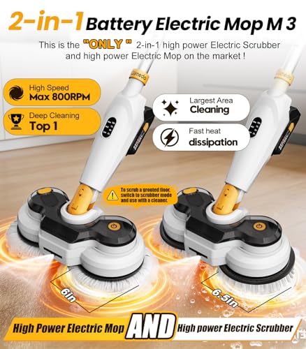 Qimedo Battery Electric Mop, Cordless Electric Scrubber & Flat Mop for Floor Cleaning, Best Automatic Spin Mops with Smart Display,Rotating Mops with LED Light & Water Spray