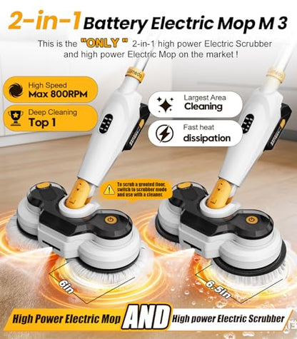 Qimedo Battery Electric Mop, Cordless Electric Scrubber & Flat Mop for Floor Cleaning, Best Automatic Spin Mops with Smart Display,Rotating Mops with LED Light & Water Spray