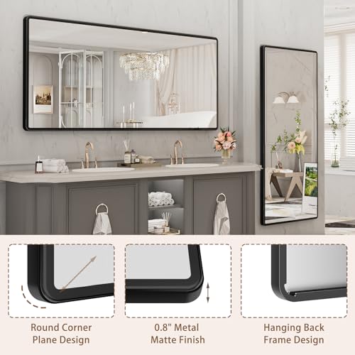 pertetey 72 x 32 in Rounded Rectangle Bathroom Mirror, Black Metal Frame | Black Metal Frame, Rounded Rectangle Design, Tempered Glass, Wall Mounted - size: 72"L x 32"W