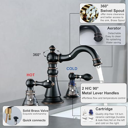 Oil Rubbed Bronze 2-Handle 8 Inch Widespread Bathroom Faucet, 3 Holes | Derengge Traditional Widespread Sink Faucet, With Pop-Up Drain 360° Swivel Stainless Steel Spout, F-8303-ORB - color: Oil Rubbed Bronze