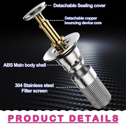 Bathroom Sink Drain Strainer, Pop-up Sink Stopper Hair Catcher with Removable Stainless Steel Filter Basket,Universal Drain Plug Filter Replacement for Bathroom Shower Sink Stopper(2Pcs)