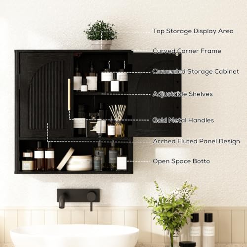 RUSTOWN Fluted Bathroom Wall Cabinet with Arched Doors & Rounded Edges | Over The Toilet Storage Cabinet with Adjustable Shelf, Mid Century Modern Medicine Cabinets, Laundry & Kitchen Shelving Unit - color: Rustic Black