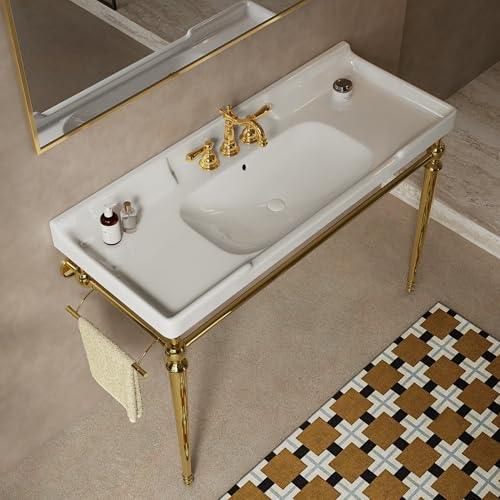 48" Bathroom Console Sink, VICI Wall Mounted Ceramic Basin with 3 Faucet Holes, Vanity Sink with Overflow, Freestanding Stainless Steel Legs, Towel Bar, Modern Bathroom Sink, White Top+Gold Leg - color: White,gold, size: 48''+White Top+Gold Leg