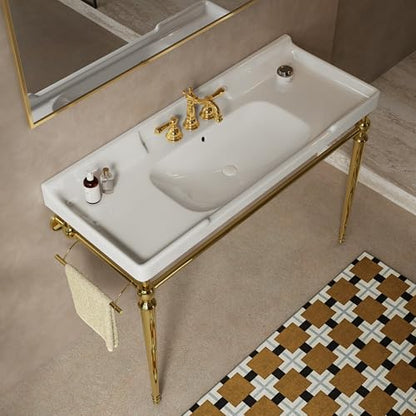 48" Bathroom Console Sink, VICI Wall Mounted Ceramic Basin with 3 Faucet Holes, Vanity Sink with Overflow, Freestanding Stainless Steel Legs, Towel Bar, Modern Bathroom Sink, White Top+Gold Leg - color: White,gold, size: 48''+White Top+Gold Leg
