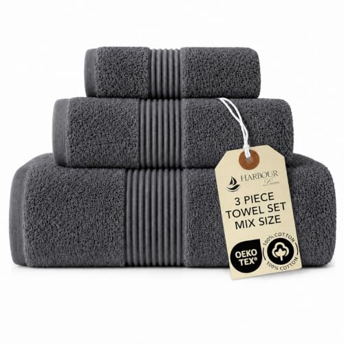Towel Set for Bathroom, 3 Piece Turkish Cotton Bath Hand and Wash Towels | Mixed size set in Silver Grey, 600 gram weight. Double stitched hems suit family and guest use. - color: Silver Grey
