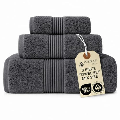 Towel Set for Bathroom, 3 Piece Turkish Cotton Bath Hand and Wash Towels | Mixed size set in Silver Grey, 600 gram weight. Double stitched hems suit family and guest use. - color: Silver Grey