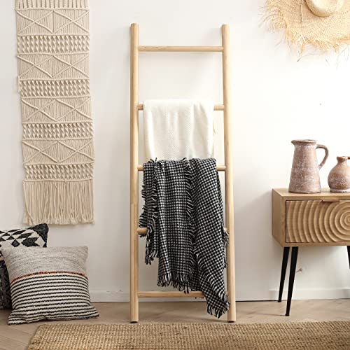 FUIN Blanket Ladder, 57in Rustic Bamboo Decor Quilt Display Rack | 5 rungs, farmhouse living room holder, organize clothing and scarf, leaning wall, bathroom and bedroom use