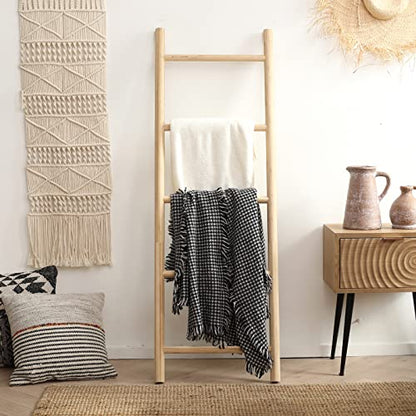 FUIN Blanket Ladder, 57in Rustic Bamboo Decor Quilt Display Rack | 5 rungs, farmhouse living room holder, organize clothing and scarf, leaning wall, bathroom and bedroom use