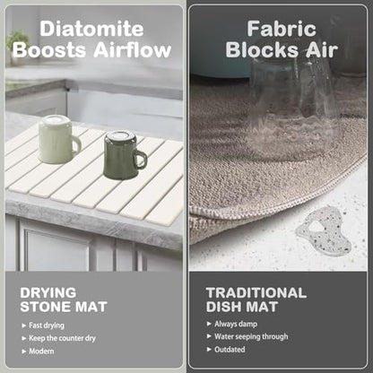 Large Stone Dish Drying Mat for Kitchen Counter, 24"(L)×16"(W), Collapsible Quick Drying Mat, Absorbent Eco-Friendly Diatomaceous Earth Mats for Dishes Bottles and Match Any Countertop【White】