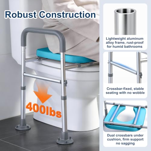 Adjustable Raised Toilet Seat with Handles for Seniors, Grey | 400lbs Capacity Elongated Toilet Seat Riser, Elevated Toilet Seat with Soft Cushion & Removable Armrests - color: Cozy Grey