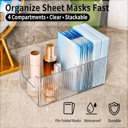 Skin Care Organizer & Face Mask Organizer with 4 Compartments | Sheet Mask Organizer & Makeup Palette Storage, Stackable Vanity Bin for Bathroom Countertop, Eyeshadow & Skincare Storage