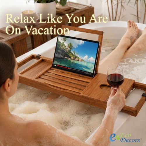 EcoDecors Expandable Teak Bathtub Tray Caddy – Adjustable Wooden Bath Tub Tray with Wine Glass Holder, Book & Tablet Stand, Spa Bath Caddy Organizer, Waterproof Solid Teak Bath Shelf