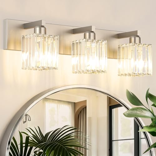 Aipsun Brushed Nickel Vanity Light Bathroom Lighting Fixtures 3 Light Crystal Modern Bathroom Vanity Light (Exclude Bulb) - color: Brushed Nickel, size: 23 inch