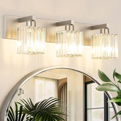 Aipsun Brushed Nickel Vanity Light Bathroom Lighting Fixtures 3 Light Crystal Modern Bathroom Vanity Light (Exclude Bulb) - color: Brushed Nickel, size: 23 inch
