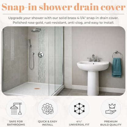 4 ¼” Rose Gold Snap-in Shower Drain Cover - Replacement - 4.25" OD Polished Strainer - Easy Install - Premium Round Shower Drain Cover - Solid Brass Construction - color: Rose Gold