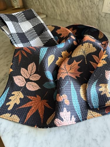Kitchen Towels, Dish Towels for Kitchen, 2 Pc Kitchen Towel Set | Microfiber Waffle Towels, 16 x 26 inches, with Hanging Loops, Reusable Tea Towels, Cute Kitchen Towels - 2 Pack - color: Fall Leaves Black