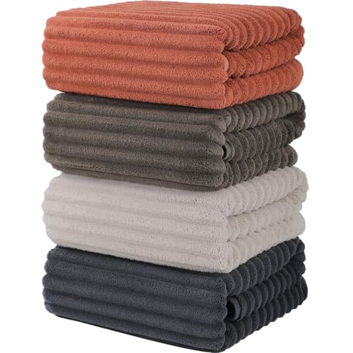 Luxury 4-Piece Quick-Dry Bath Towel Set 27.5X 55 Inches – Ultra Soft Microfiber for Bathroom, Bar, Pool, Gym & Travel – Elegant Twill Design - color: Darkgrey-lightgrey-coffe-orange