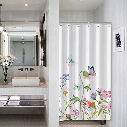 AWERT Small Half Size Stall Shower Curtain with 6 Hooks 36 inch Shower Stall Curtain 36 x 72 Butterfly Wildflowers for Bathroom/RV and Camper (Butterfly) - color: Butterfly, size: 36"W x 72"L (Pack of 1)