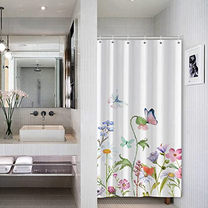AWERT Small Half Size Stall Shower Curtain with 6 Hooks 36 inch Shower Stall Curtain 36 x 72 Butterfly Wildflowers for Bathroom/RV and Camper (Butterfly) - color: Butterfly, size: 36"W x 72"L (Pack of 1)