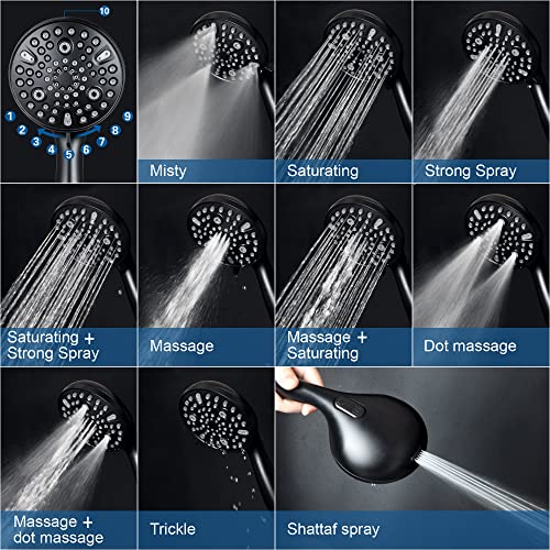 Shower Head with Handheld,High Pressure, 10 Spray Modes, Black | High Pressure Shower Head With 10 Spray Modes, Stay Clean Nozzles, Power Wash for Tub, Tile & Pets, Long 5 ft Hose - color: Black