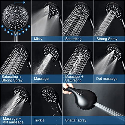 Shower Head with Handheld,High Pressure, 10 Spray Modes, Black | High Pressure Shower Head With 10 Spray Modes, Stay Clean Nozzles, Power Wash for Tub, Tile & Pets, Long 5 ft Hose - color: Black