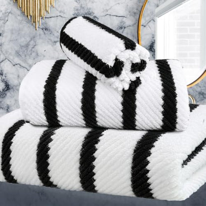 VOOVA & MOVAS 3PC Towel Set, 100% Cotton, Black White Dark Tan | 1 Large Bath 30x56 In,1 Hand 18x28 In,1 Wash Cloth 13x13 In, Quick Dry, Soft, Thick, Dorm Room Essentials - color: Black + White, size: 3 PC Bathroom Towel Set