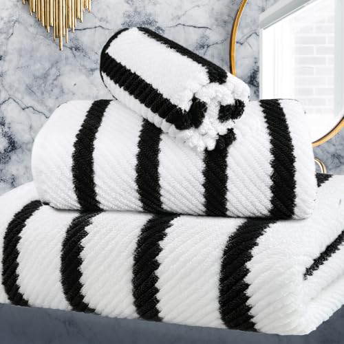 VOOVA & MOVAS 3PC Towel Set, 100% Cotton, Black White Dark Tan | 1 Large Bath 30x56 In,1 Hand 18x28 In,1 Wash Cloth 13x13 In, Quick Dry, Soft, Thick, Dorm Room Essentials - color: Black + White, size: 3 PC Bathroom Towel Set
