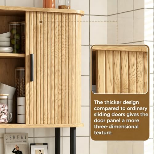 Fluted Bathroom Wall Cabinet, Wall Mounted Medicine Cabinet with Sliding Tambour Door & Adjustable Shelf, 3-Tier Over the Toilet Storage Cabinet for Laundry Room, Kitchen, Natural - color: Natural