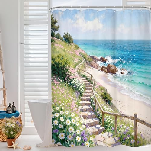 Ocean Beach Floral Small Nautical Costal Bathroom Shower Curtain Set | Sea Blue look; 54"W x 78"L. waterproof HD print, quick-dry fabric and free hooks for easy setup. - color: A-blue Green, size: 54"W x 78"L (Pack of 1)