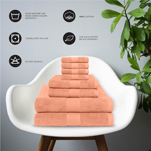 Ocean Towel Set for Bathroom 100% Luxury Cotton Bath Towels Set of 8 (2 Bath Towel and 2 Hand Towel & 4 Wash Cloth) - Peach Soft Towels Bathroom 600 GSM Double Stitched for Durability - color: Peach