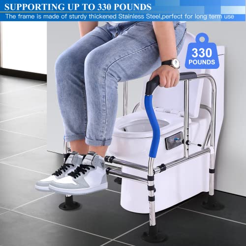 Toilet Safety Rail Frame, Heavy Duty Stand Alone Toilet Rail with Handles for Elderly Handicap, Adjustable Height & Width, Double Crossbar & Suction Cups, 330lbs Capacity, Fits Most Toilets