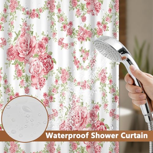 No Hook Shower Curtain and Liner Set, Pink Roses Girls Shower Curtain No Hooks with Snap in Liner and Mesh Top Window, Double-layer Waterproof Fabric Shower Curtains for Bathroom with Weighted Hem - color: Rose Garden