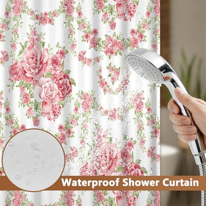 No Hook Shower Curtain and Liner Set, Pink Roses Girls Shower Curtain No Hooks with Snap in Liner and Mesh Top Window, Double-layer Waterproof Fabric Shower Curtains for Bathroom with Weighted Hem - color: Rose Garden