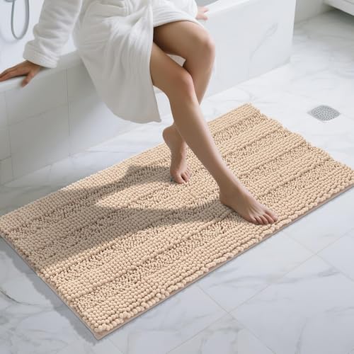 Yimobra Bathroom Runner Rugs 55"x24", Non Slip and Absorbent Bath Mat, Super Soft Water Absorbent Hallway Carpet, Machine Washable Rug for Vanity Tub Shower, Beige - color: Beige, size: 55" X 24"