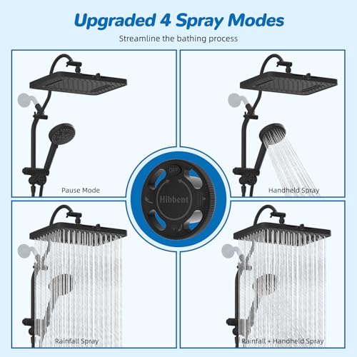 Hibbent cUPC Certified High Pressue 13'' Rainfall Shower Head with 5-Spray | Shower Heads with Handheld 10-Spray Combo, All Metal Easy Reach 4-way Diverter Arm, 71'' Hose & Holder, Matte Black - color: Black, style: Square 13"