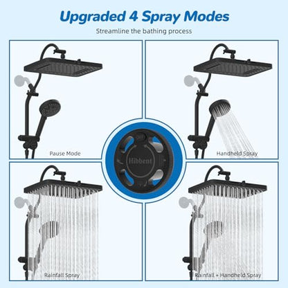 Hibbent cUPC Certified High Pressue 13'' Rainfall Shower Head with 5-Spray | Shower Heads with Handheld 10-Spray Combo, All Metal Easy Reach 4-way Diverter Arm, 71'' Hose & Holder, Matte Black - color: Black, style: Square 13"