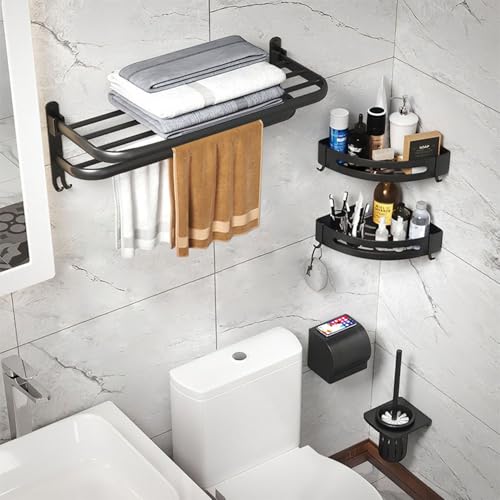 TocTen Towel Rack for Bathroom, Foldable Towel Holder with Double Towel Bars, Wall Mounted Premium Aluminum Bathroom Tower Shelf, Space-Saving Towel Hanger for Bathroom, Lavatory (Black,24 in) - color: Black