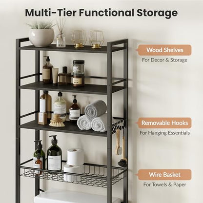 Over The Toilet Storage Shelf, 4-Tier Bathroom Organizer with Basket & Hooks, Sturdy Space Saver for Small Bathrooms, Black - color: Black