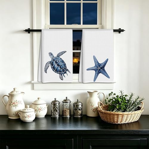 Coastal Kitchen Towels Set of 4, Crab Coral Sea Turtle Starfish Decorative Waffle Weave Dish Towel Hand Towel Tea Towels for Kitchen Bathroom Home Decor