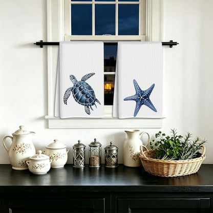 Coastal Kitchen Towels Set of 4, Crab Coral Sea Turtle Starfish Decorative Waffle Weave Dish Towel Hand Towel Tea Towels for Kitchen Bathroom Home Decor