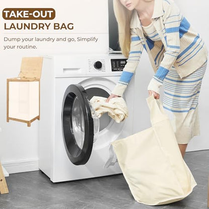 TIOPGHAD Bamboo Wicker Laundry Hamper with Lid, 13 Gal, Natural | Woven wicker, bamboo frame, removable cloth bag, wooden handles, lidded rectangular design, 13.8 x 12.6 x 23.6 in