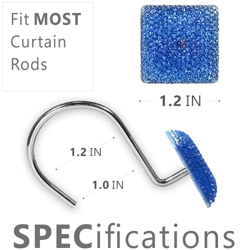 Crystal Blue Shower Curtain Hooks : Bling Glitter Sparkle Shiny Square Diamond Decorative Shower Curtain Hooks for Christmas & Holidays - Luxury Fancy Glam Curtain Hooks & Hangers - Set of 12 | Glam Sparkly Crystal Diamond Shower Hooks, Cute Square Rhines