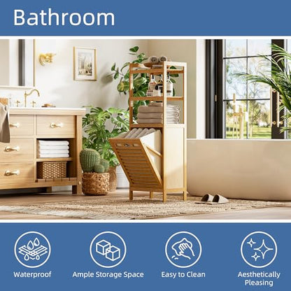 HITNET Tilt Out Laundry Hamper, Bamboo Laundry Basket with Foldable Bag and 3 Open Shelves, Freestanding Clothes Storage Organizer for Bedroom, Bathroom, Living Room, Natural - color: Natural