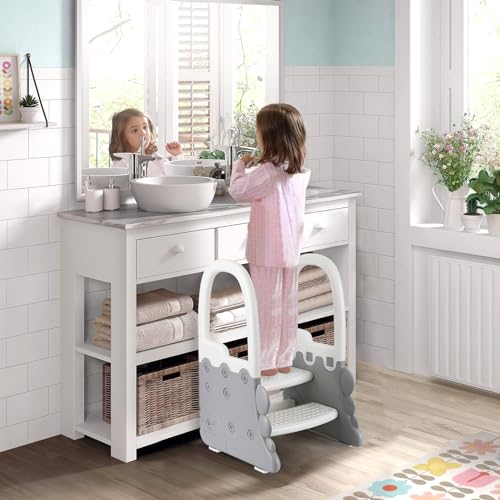 IDEALHOUSE Toddler Step Stool with Safety Handrails, Anti-Slip 2-Tier Kids Ladder, 300 Lbs Capacity, Minimalist Plastic Stool for Bathroom Sink, Kitchen Counter & Potty Training, White Step - color: White Step