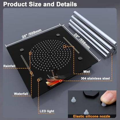 Enga Luxury Dual Shower Head System with Body Jets LED Thermostatic Shower System with 6 inch Wall Shower, 20-Inch 3 Function Shower Head (Rainfall & Mist & Waterfall), Matte Black - color: Matte Black, style: 20" Head (Rain + Mist+Waterfall) - 6" Head+Je