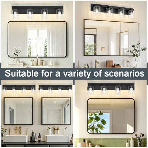 4-Light Matte Black Bathroom Light Fixtures, with Clear Glass Shade | 29.5 Inch Bathroom Lighting Fixtures Over Mirror, Modern Wall Light, bathroom vanity light E26 Socket, ETL - color: Black, size: 4-Light